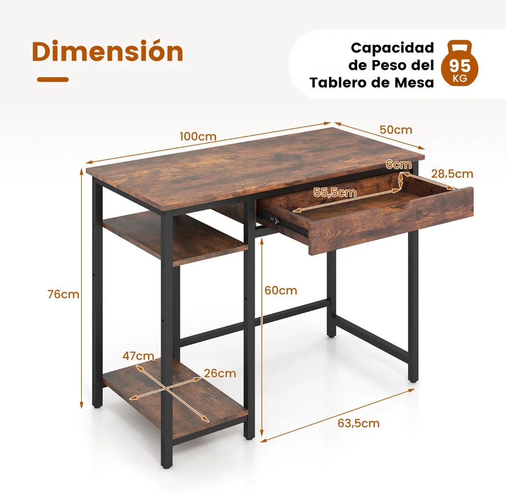 Secretária de computador Estação de trabalho compacta com gaveta Ganchos para auscultadores Prateleira ajustável 100 x 50 x 76 cm Castanho