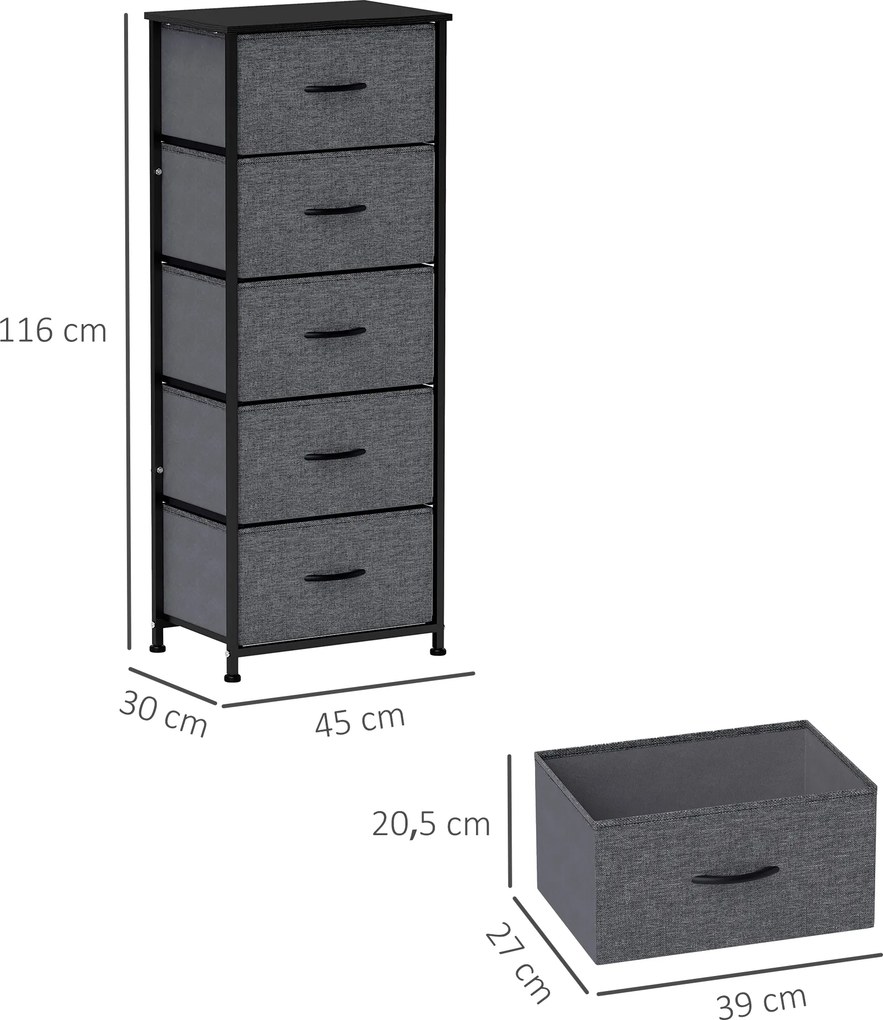 Cómoda com 5 gavetas 45 x 30 x 116 cm, móvel de arrumação com gavetas em tecido dobrável – estrutura em aço preto cinzento escuro