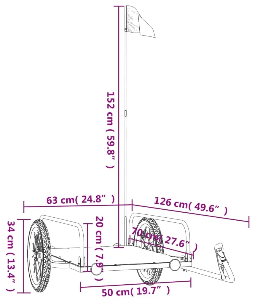 Reboque de carga para bicicleta 126x63x34 cm ferro preto