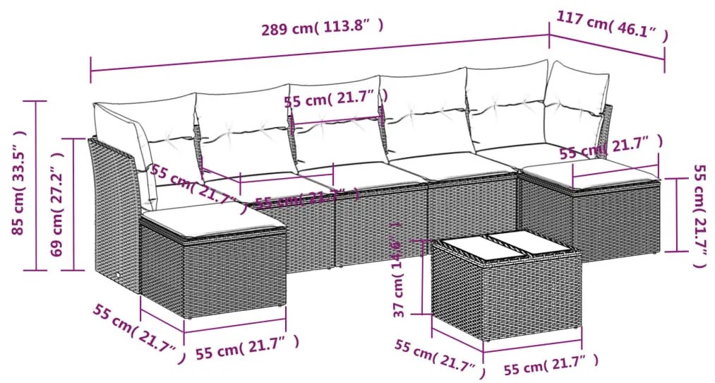 8 pcs conjunto sofás de jardim c/ almofadões vime PE castanho