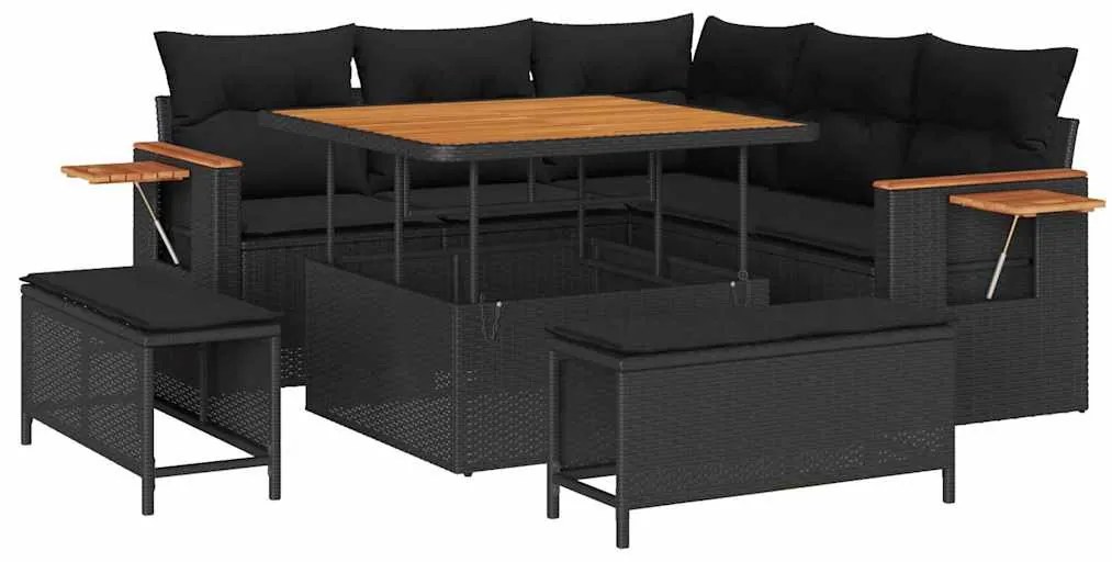 Conjunto de Sofás de Jardim 8 Peças com Almofadas Preto Rattan Poliést