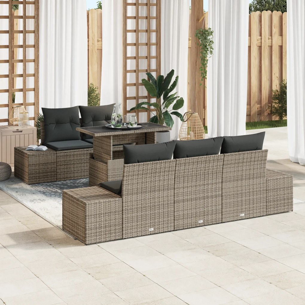 Conjunto de Sofá de Jardim com 6 Peças e Almofadas Cinza em Rattan