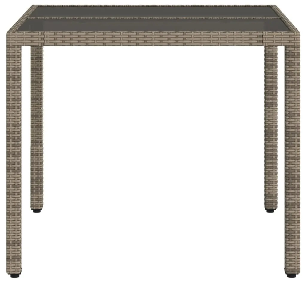 Mesa de jardim com tampo de vidro 90x90x75 cm vime PE cinzento
