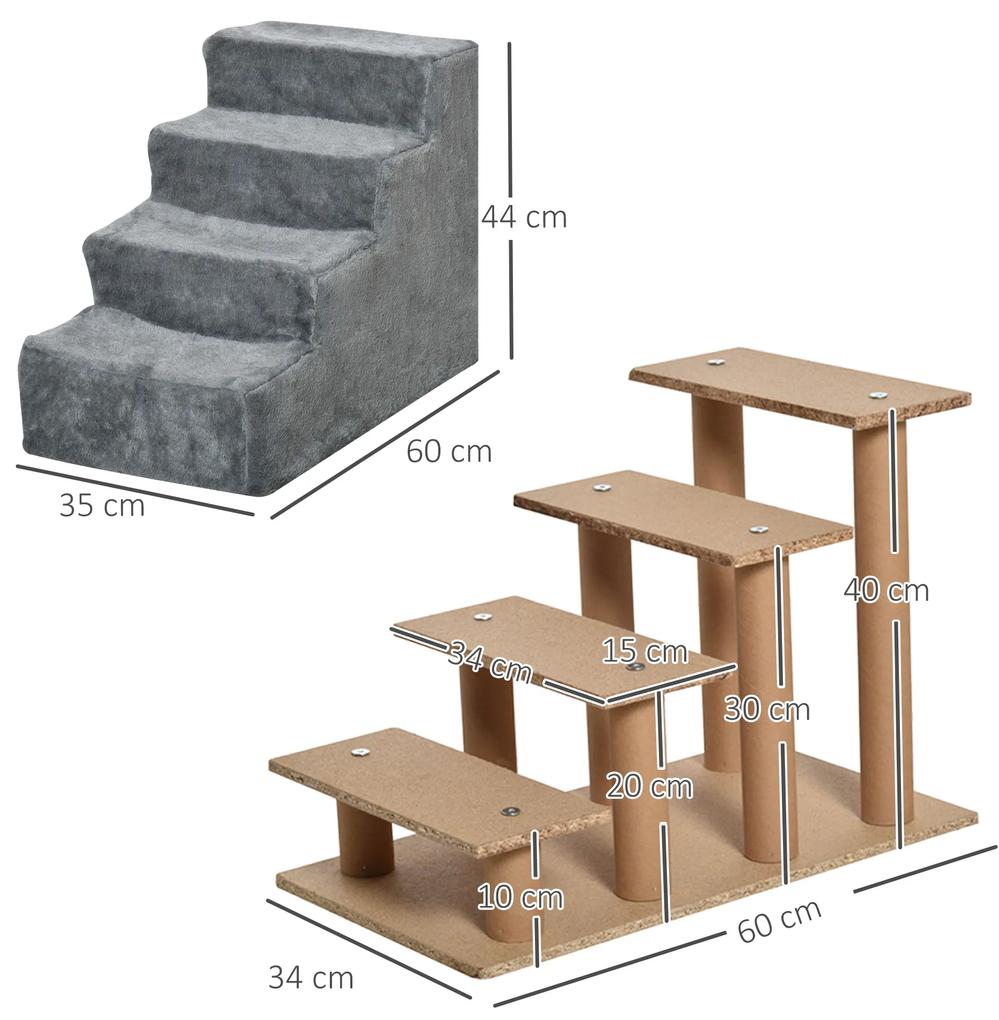 Escada para Animais de Estimação com 4 Degraus 2 em 1 com Capa Removível e Lavável Escada para Cães Gatos Carga 30kg 60x35x44cm Cinza