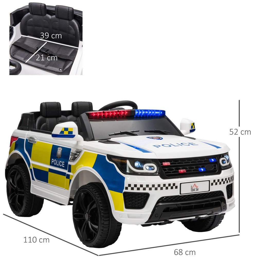 Carro Elétrico para Crianças Carro Elétrico Infantil de Policia 12V com Bluetooth USB Luz Sirene 110x68x52 cm  Branco