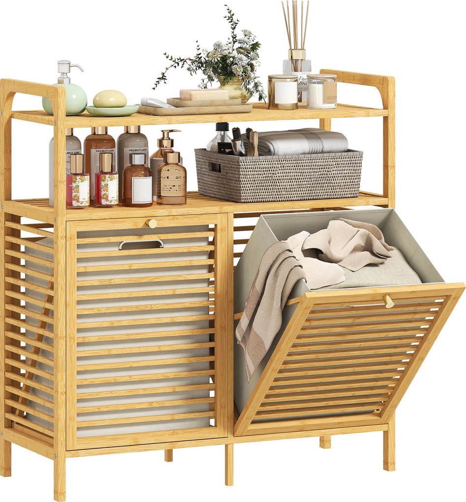 Móvel de casa de banho em bambu, armário de casa de banho com 2 cestos para roupa suja e 2 prateleiras, 82 x 33 x 88 cm, madeira natural