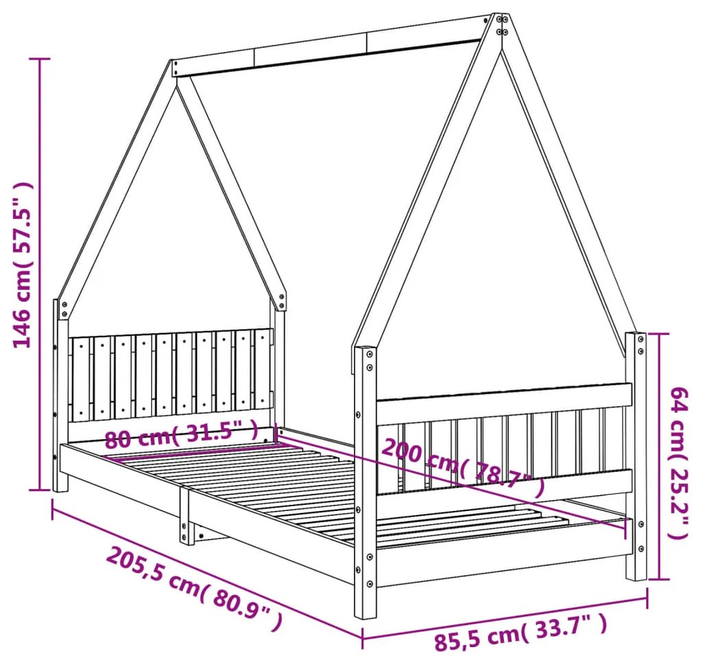 Estrutura de cama infantil 80x200 cm pinho maciço preto
