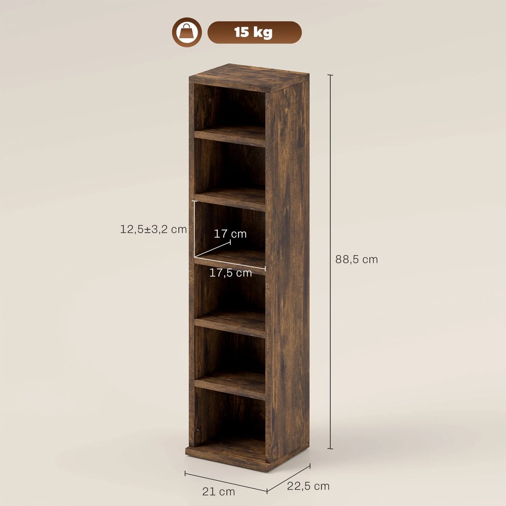 Conjunto de 2 estantes verticais para arrumação de CDs, com 12 compartimentos, 21 x 22,5 x 88,5 cm, capacidade para 204 CDs, castanho rústico