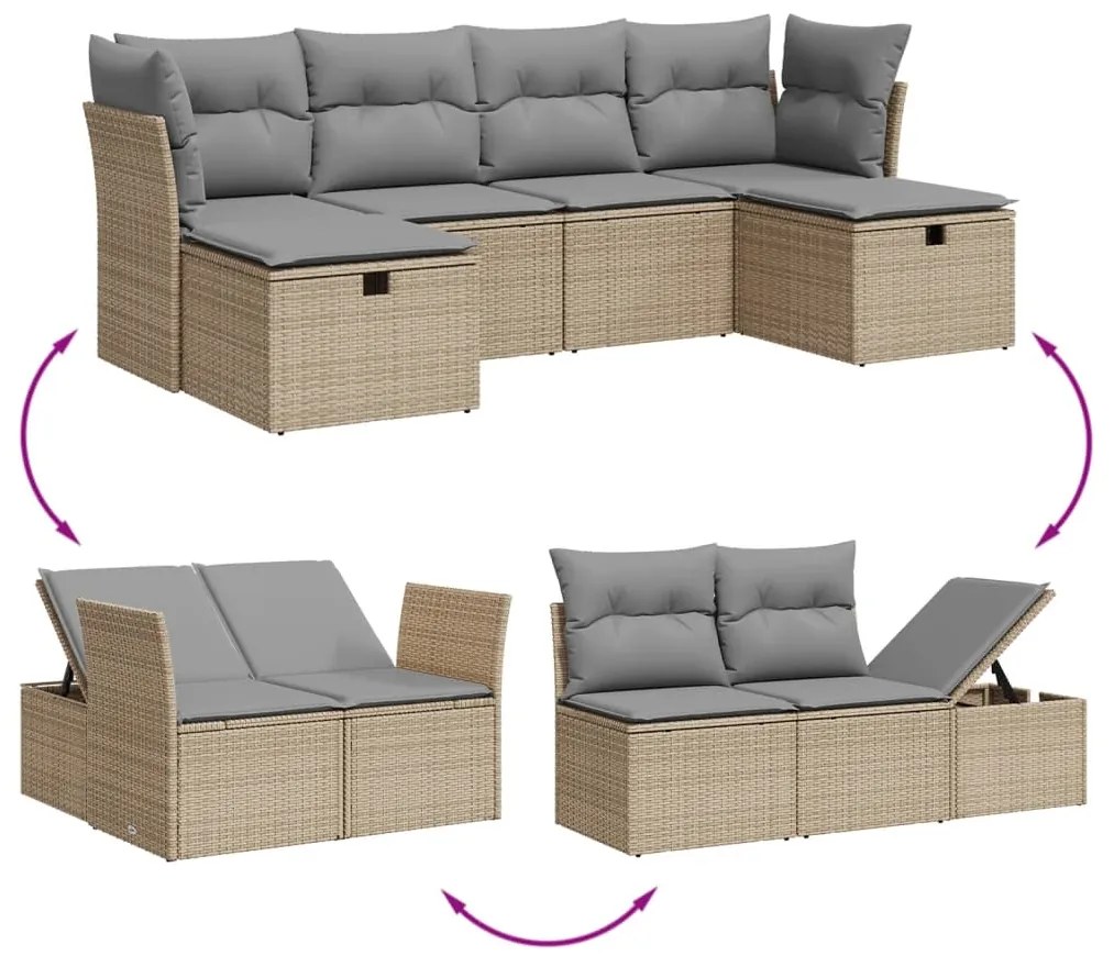 6 pcs conj. sofás jardim c/ almofadões vime PE bege misturado