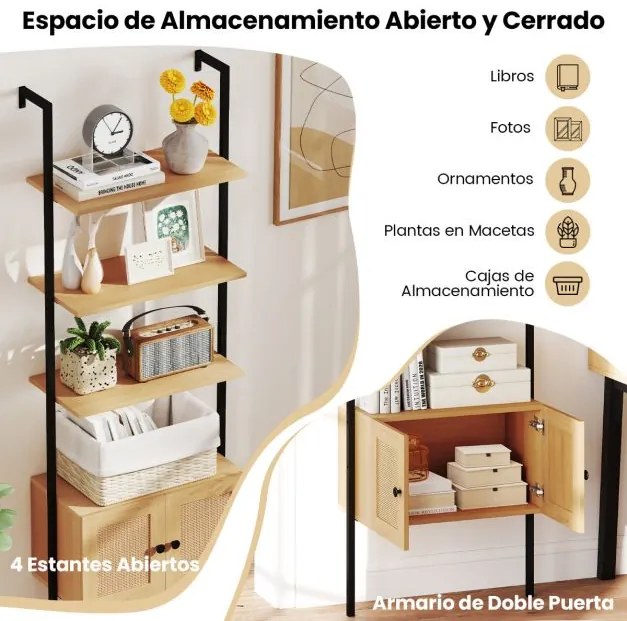 Estante em escada de 5 níveis com armário em rattan de parede alta de 184 cm Estrutura em metal Estante aberta boémia natural