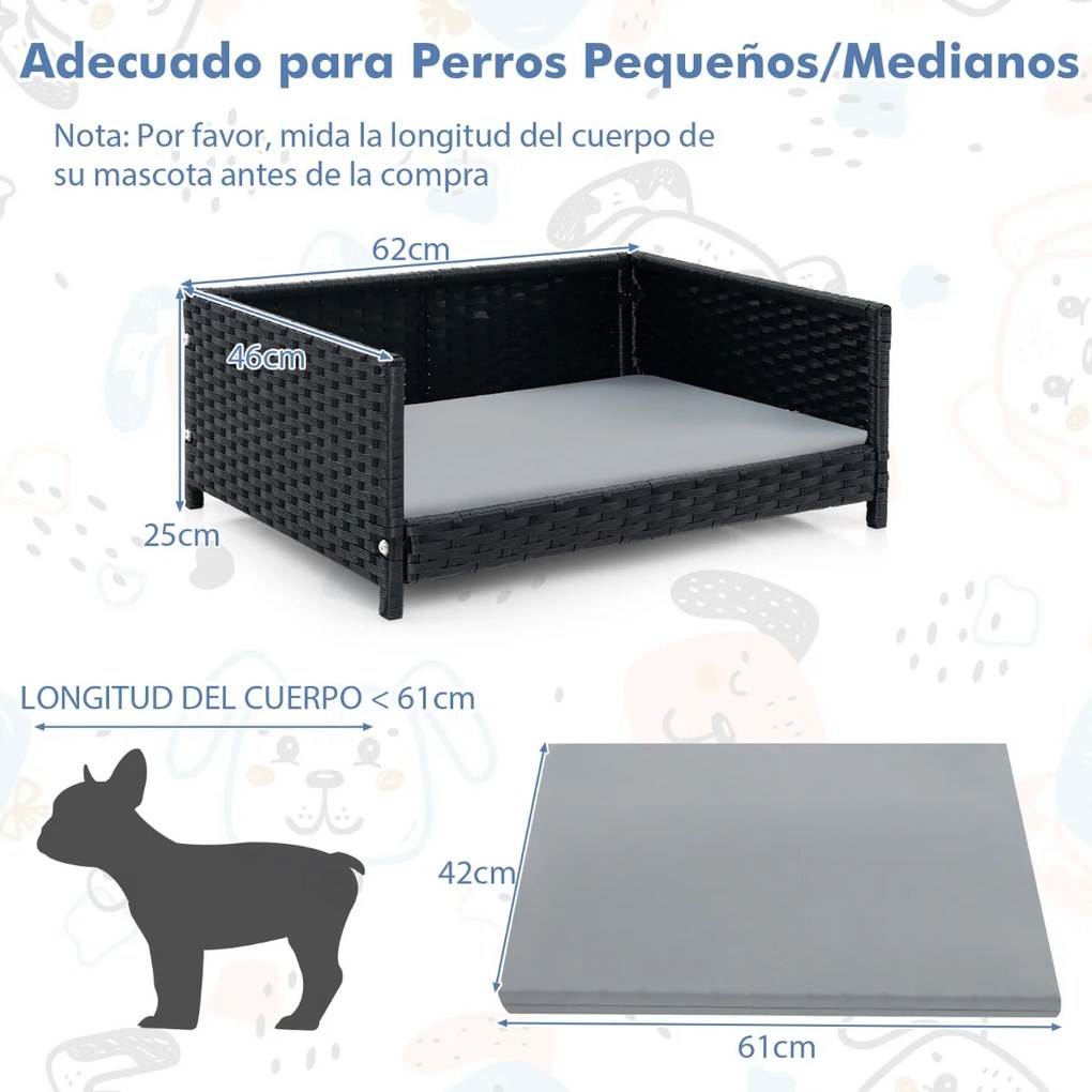 Sofá-cama para animais de estimação em vime tecido à mão com almofada macia impermeável Estrutura metálica impermeável para pátio e varanda 62 x 46 x