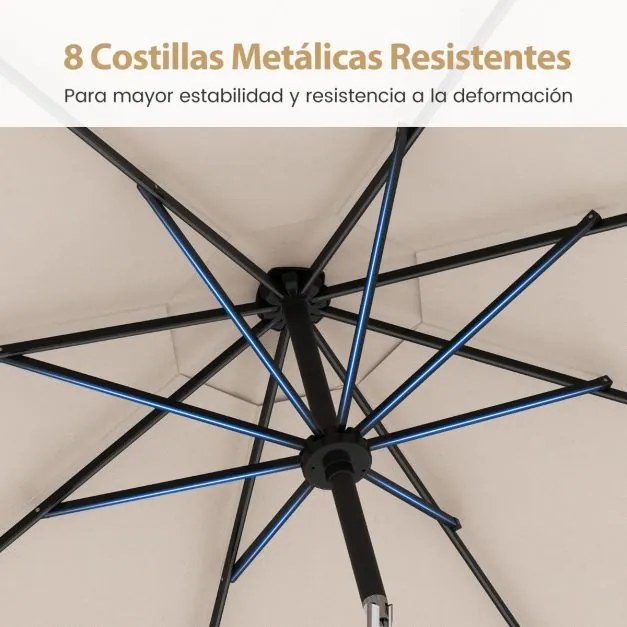 Guarda-sol para jardim 3 M com 96 luzes LED, 9 modos, ajuste de inclinação, manivela fácil, 8 hastes, tampa ventilada bege