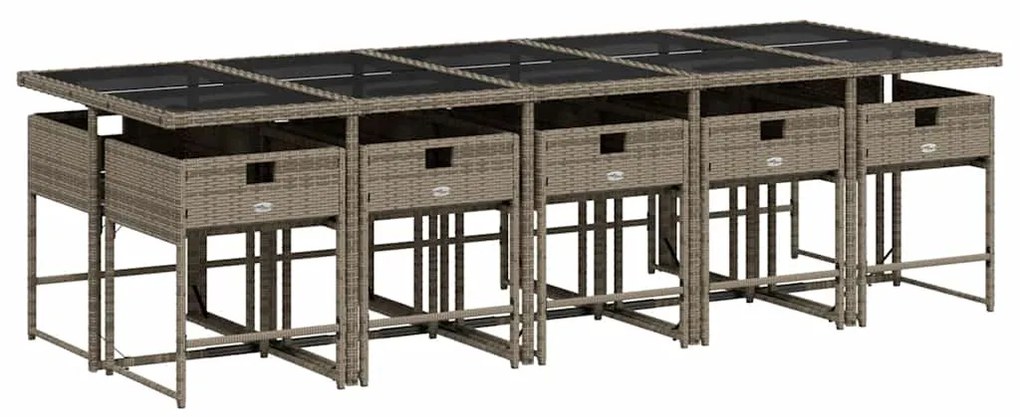11 pcs conjunto jantar p/ jardim c/ almofadões vime PE cinzento