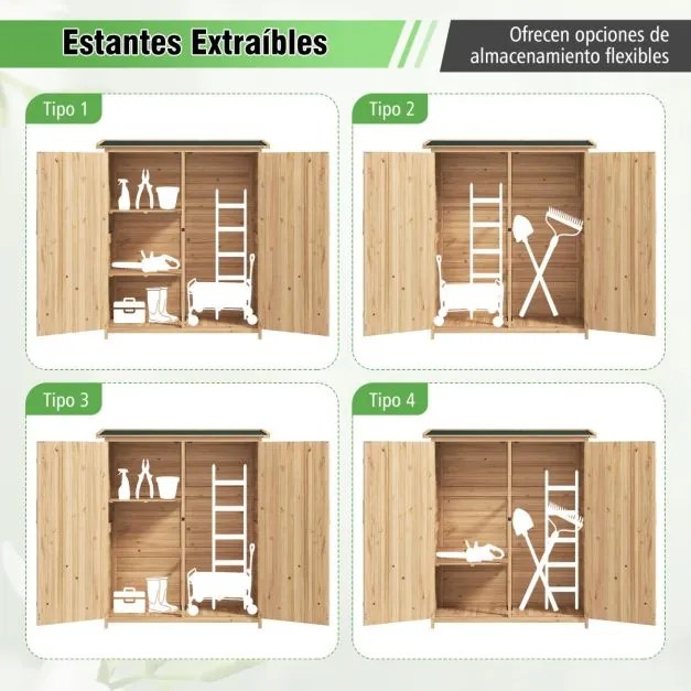 Abrigo de jardim com telhado inclinado Asfalto 140x51x163cm Madeira maciça Estantes removíveis Portas Fechadura Abrigo exterior Natural