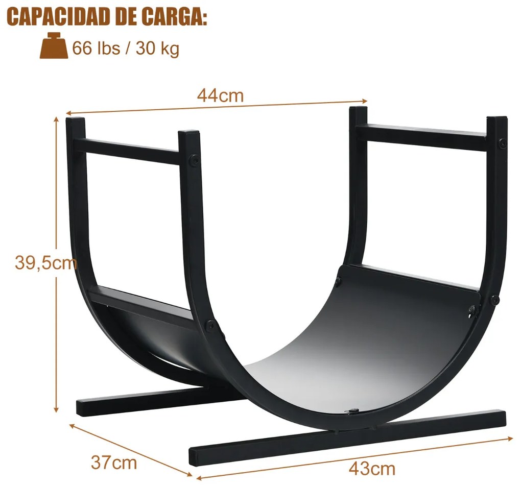 Estante para lenha de metal em forma de U Suporte para lenha com base estável e caixa de transporte Suporte para lenha Preto