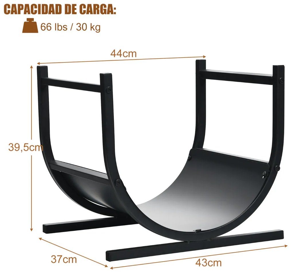 Suporte de Lenha de Metal em U com Base Estável e Caixa de Transporte Suporte de Lenha Preto