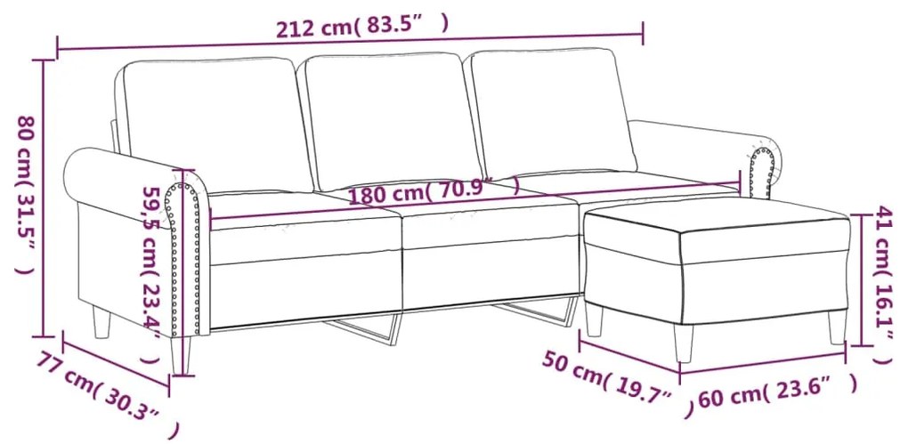 Sofá de 3 lugares com apoio de pés 180 cm veludo rosa