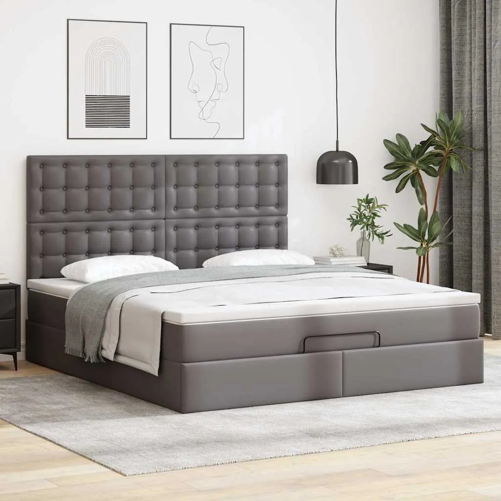 Estrutura de cama otomana com colchão cinza couro falso