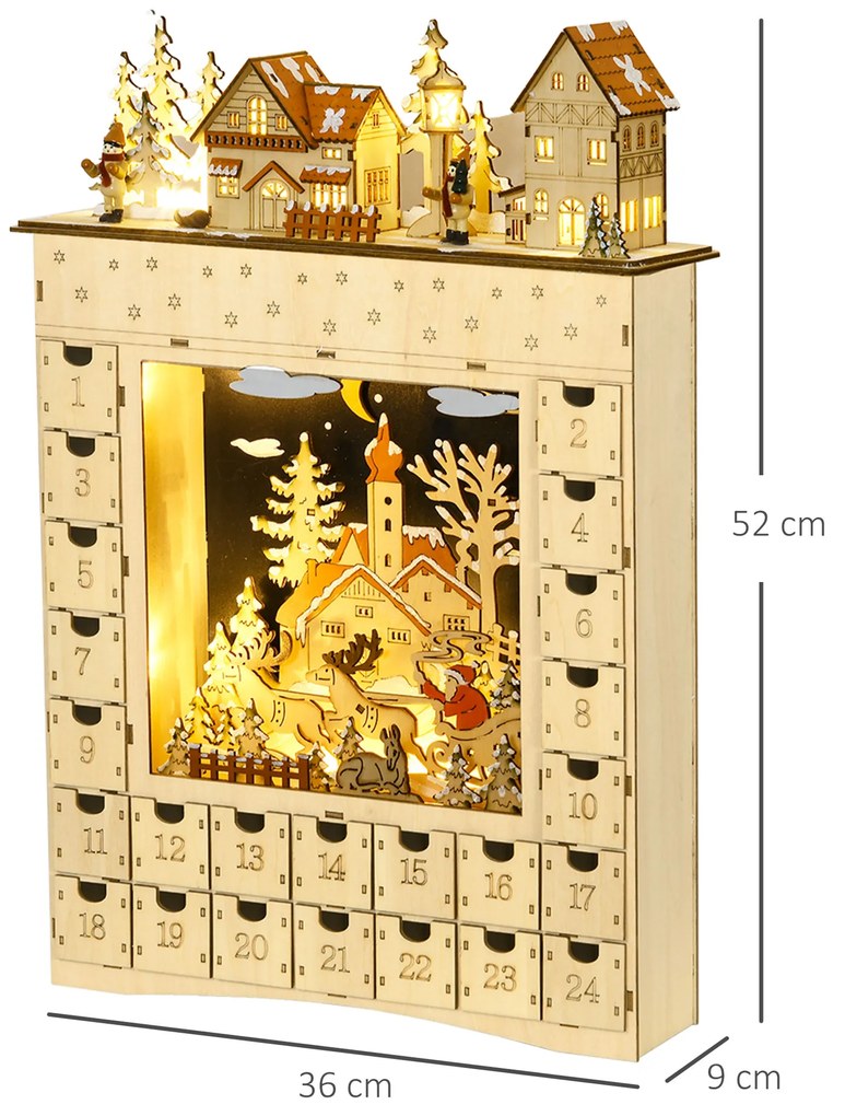 HOMCOM Calendário de Advento com Iluminação LED e 24 Gavetas de Contagem Regressiva Calendário de Advento de Madeira Decoração de Natal 36x9x52 cm Madeira