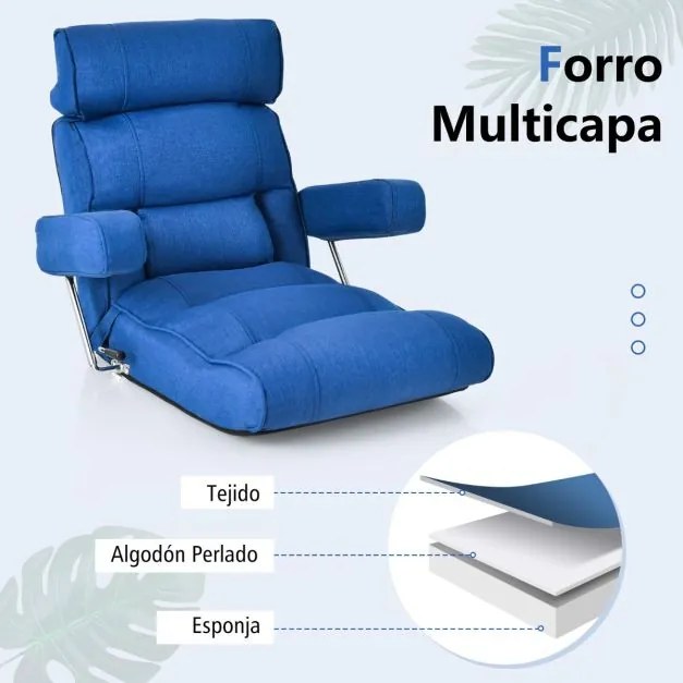 Sofá chão dobrável com encosto ajustável em 6 posições Encosto de cabeça/descanso lombar Azul