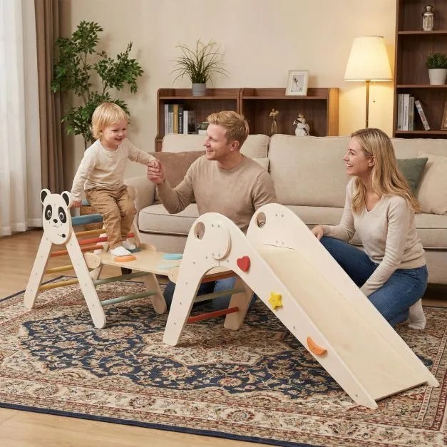 Parque dobrável para escalada para crianças Montessori de escalada em madeira com tema de panda Ginásio interior com escorrega bege