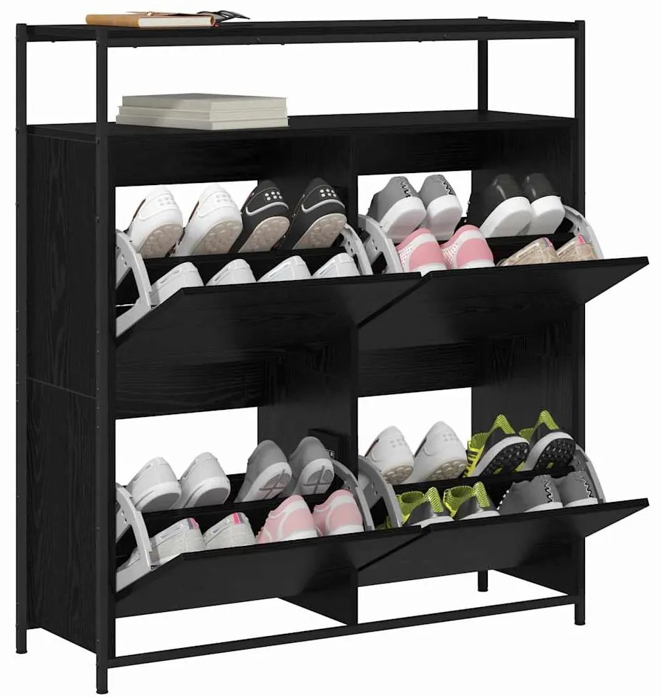 Gabinete de Sapatos com 4 Gavetas Basculantes Carvalho Preto 100x34x11