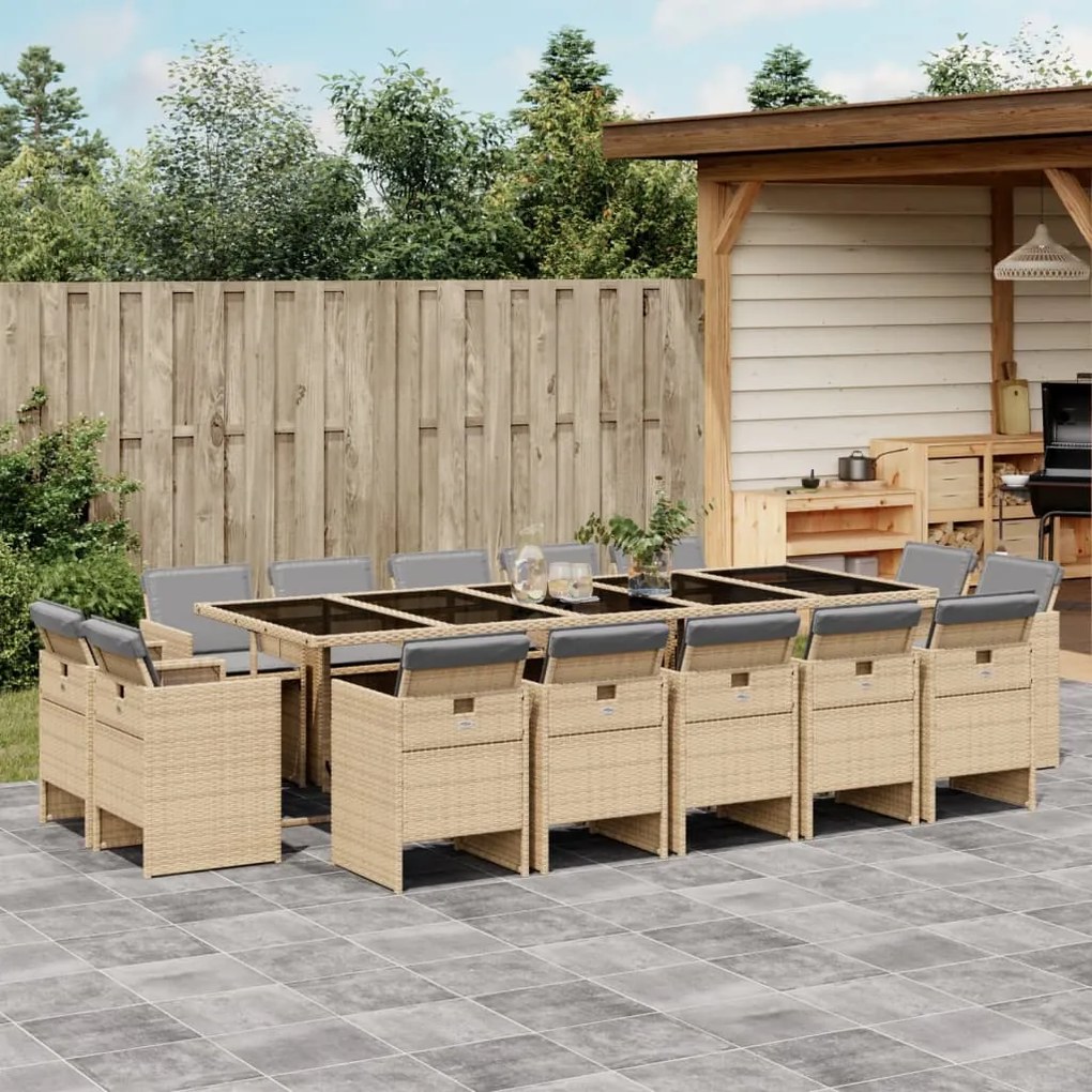 vidaXL 15 pcs conj. jantar jardim c/ almofadões vime PE bege misturado