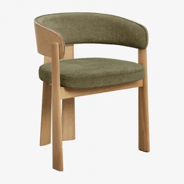 Cadeira De Jantar Com Braços Estofada E Em Madeira De Carvalho Olea Castanho Roble & Chenille Verde Army - Sklum