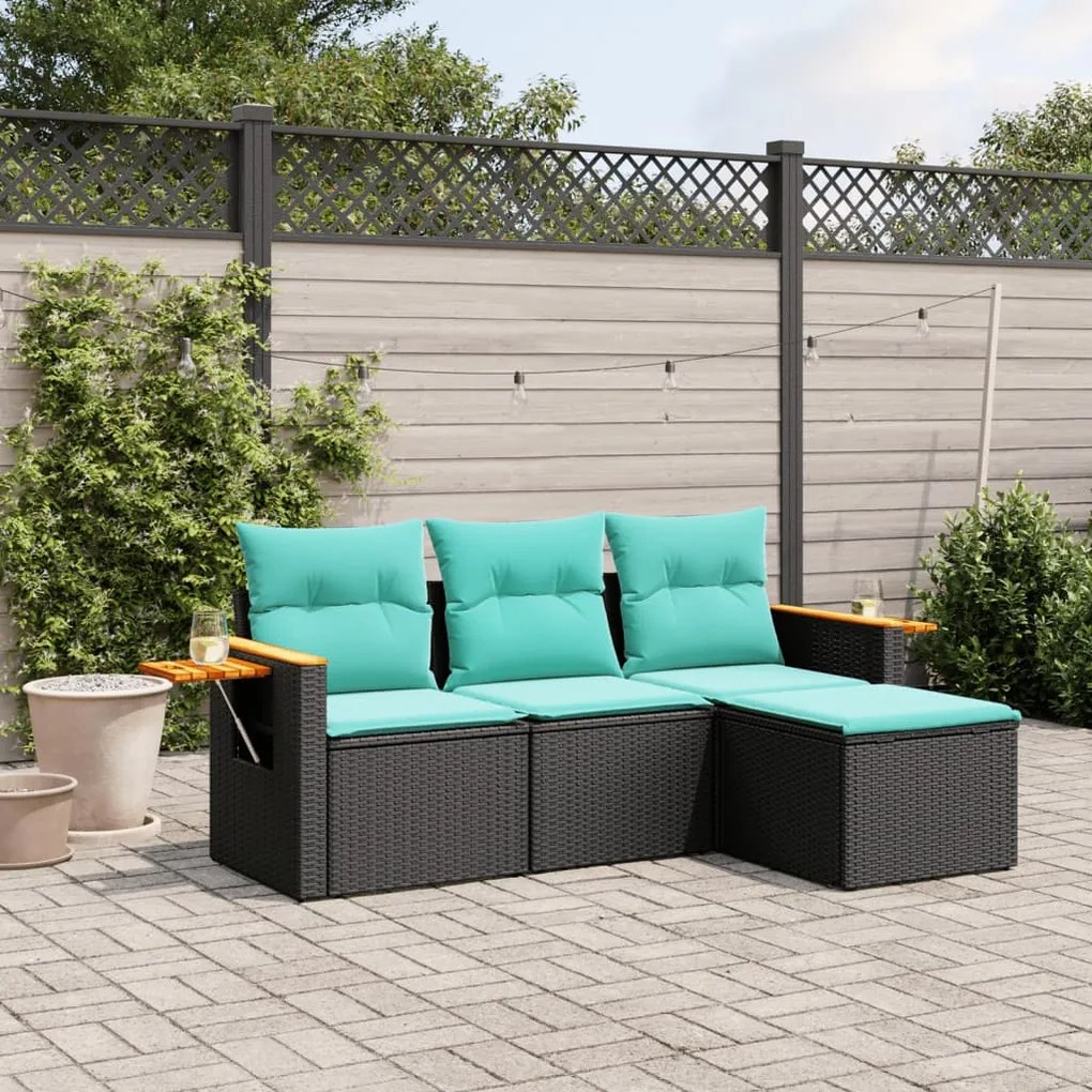 4 pcs conjunto de sofás p/ jardim c/ almofadões vime PE preto