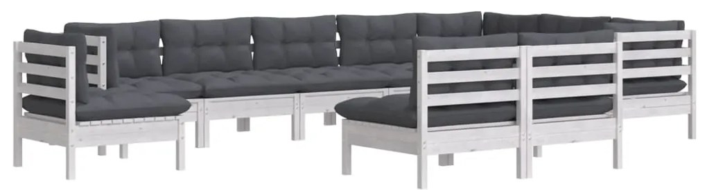 10 pcs conj. lounge de jardim c/ almofadões pinho maciço branco