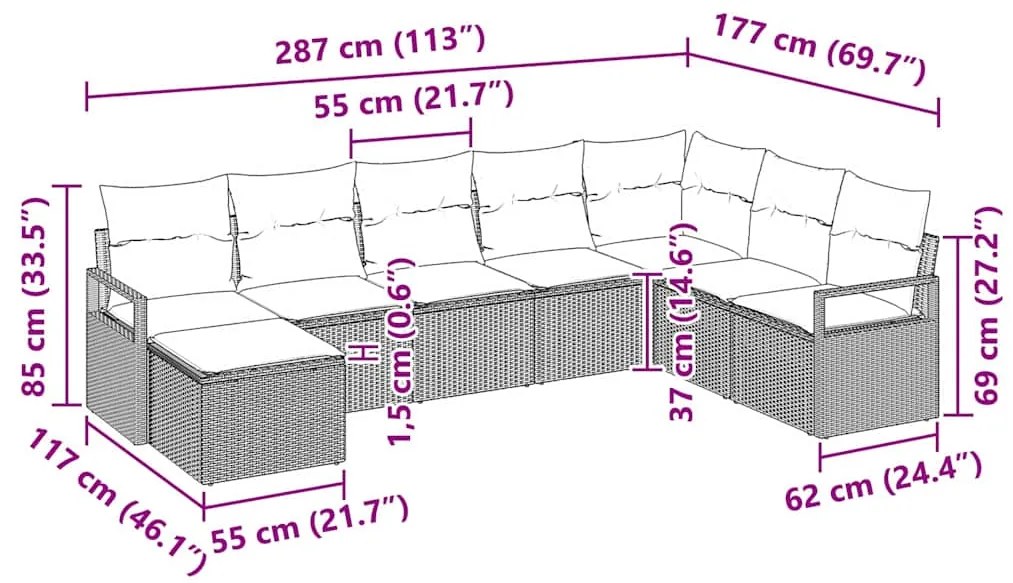 Conjunto de Sofás de Jardim de 8 Peças com Almofadas em Rattan Sintéti