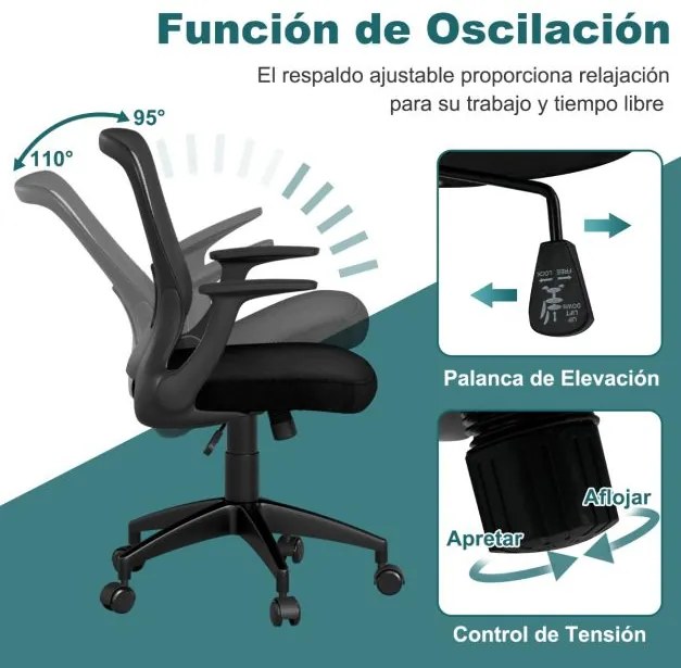 Cadeira de escritório ergonómica em malha com encosto ajustável e braços rebatíveis para escritório 62 x 54 x 94-104 cm Preto