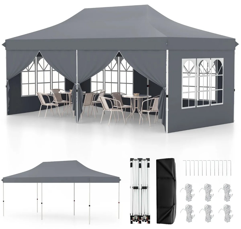 Tenda 600 x 300 cm pop-up com 6 paredes laterais removíveis para festas, casamentos, eventos com bolsa Cinzenta