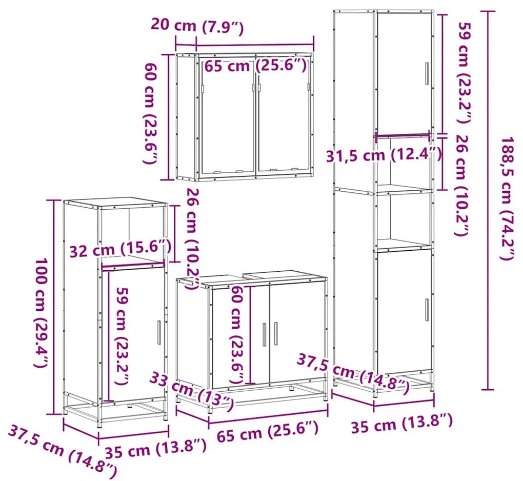 4 pcs Conjunto móveis casa de banho madeira proc. cinza sonoma