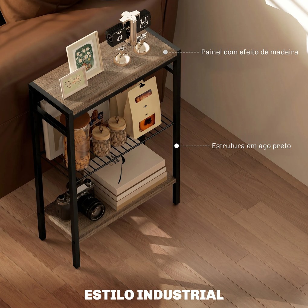 Mesa Auxiliar Estreita de 3 Níveis com Prateleiras Abertas e Estrutura de Aço para Sala e Quarto 43x18x62,5cm Carvalho
