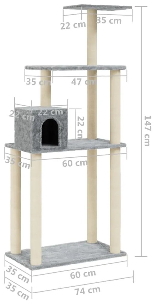 Árvore p/ gatos c/ postes arranhadores sisal 147cm cinza-claro