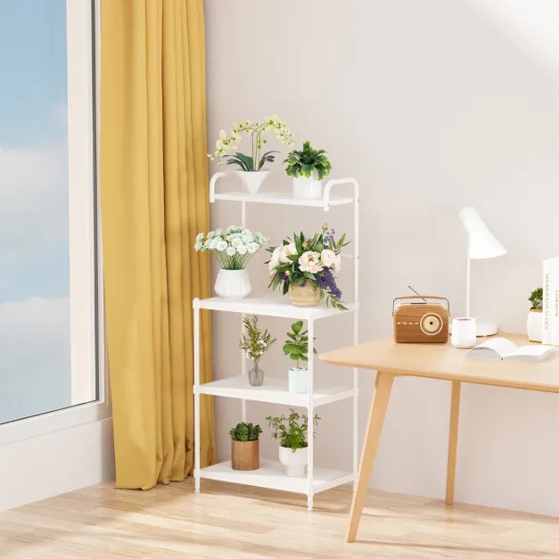 Armário de cozinha de 4 níveis, estrutura metálica, suporte para micro-ondas, prateleira independente 60 x 34 x 136 cm branco