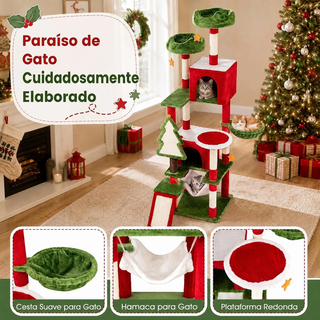 Árvore para Gatos em Forma de Árvore de Natal, 86 x 85 x 191 cm, 6 Níveis, Vermelho+Verde