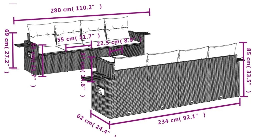 9 pcs conjunto de sofás p/ jardim com almofadões vime PE bege