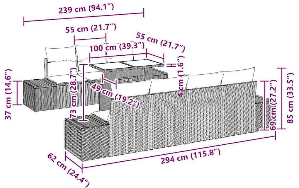 Conjunto de Sofá de Jardim com 8 Peças e Almofadas Bege em Rattan Sint