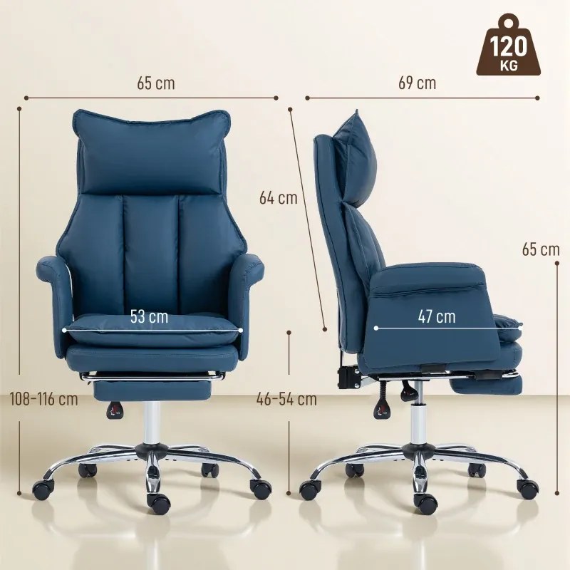 Cadeira de Escritório com Apoio para os Pés Encosto Reclinável Estofada em Couro Sintético 69x65x108-116 cm Azul