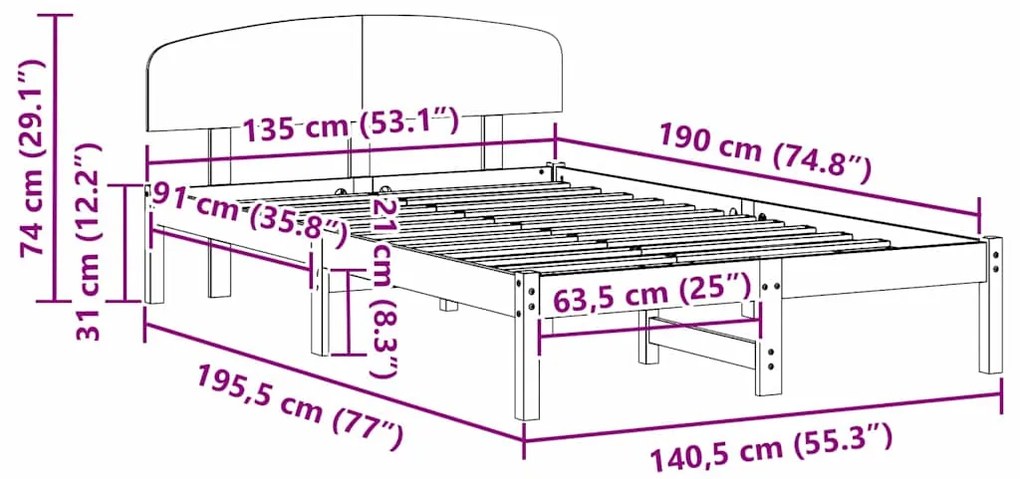 Estrutura de Cama com Cabeceira Branca 135x190 cm Madeira Sólida de Pi