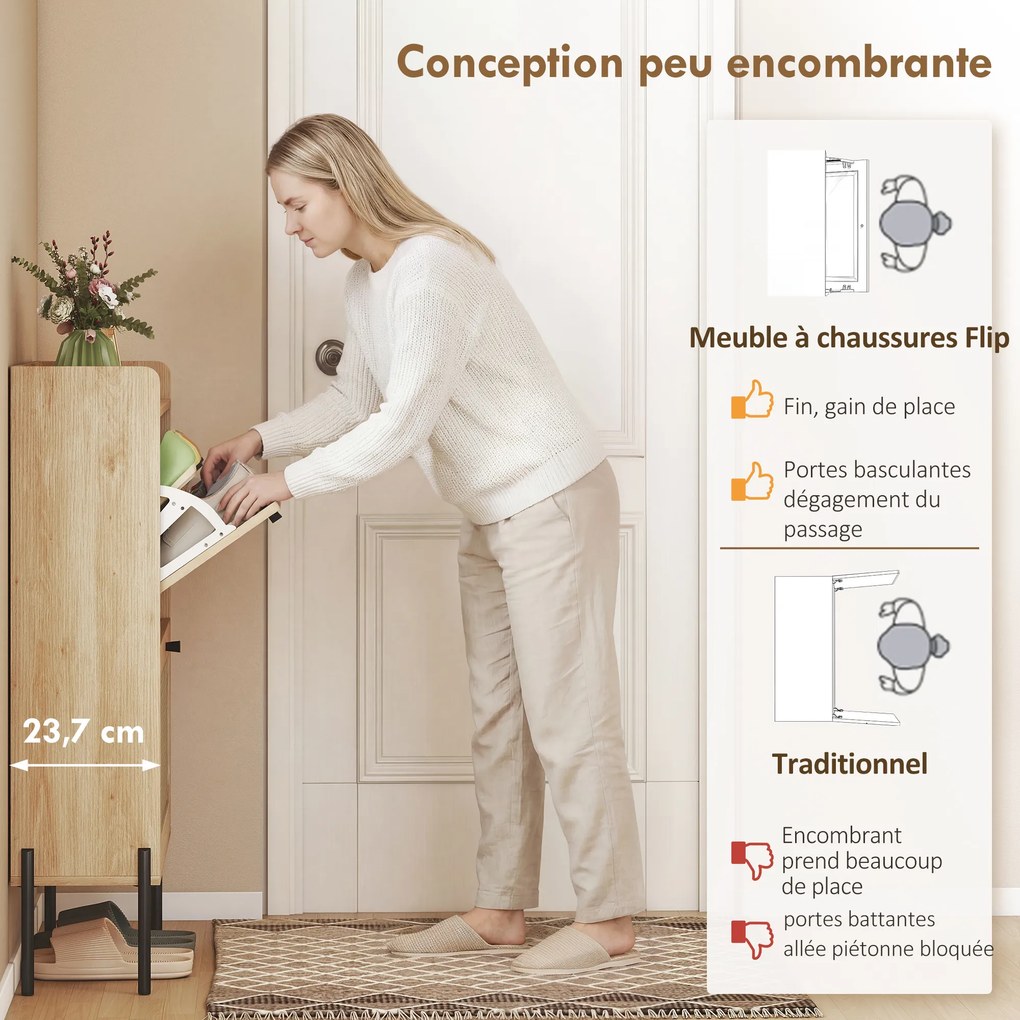 Sapateira com capacidade para 12 pares, 60 x 23,7 x 99,5 cm, 2 gavetas rebatíveis, portas em rattan e prateleiras ajustáveis, cor carvalho