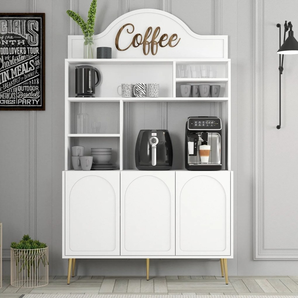 Armário Alto de Cozinha "Coffee" - 200x120x35 cm - Branco e Dourado -