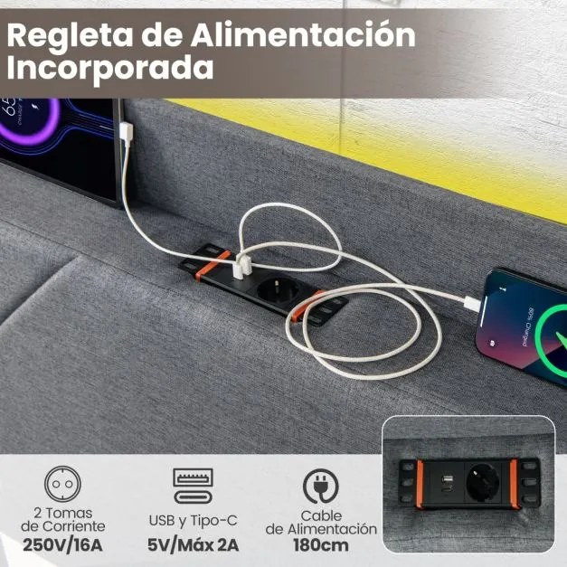 Estrutura de cama 223 x 167 x 122 cm com ripas COLCHÃO NÃO INCLUIDO com LUZ LED com estação de carregamento USB 4 gavetas dobráveis Comando remoto Cin