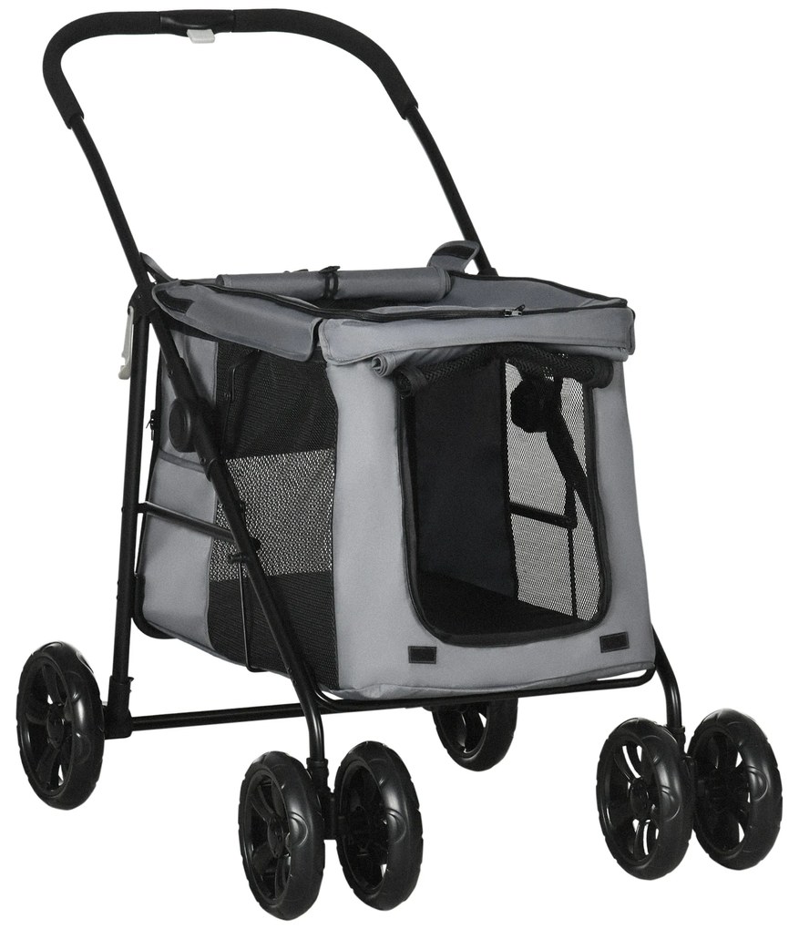 PawHut Poussette pliável animais cão gato almofada incluída rodas com freio tecido 600D Oxford 102 x 62 x 105 cm cinza | Aosom Portugal