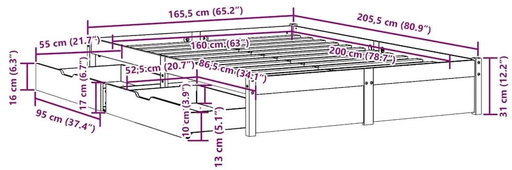 Cama sem colchão 160x200 cm madeira de pinho maciça branco