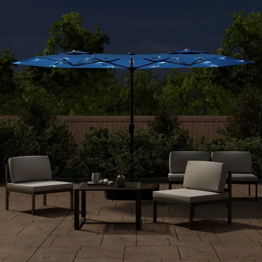 Guarda-sol de jardim c/ cabeça dupla/LED 316x240 cm azul-ciano