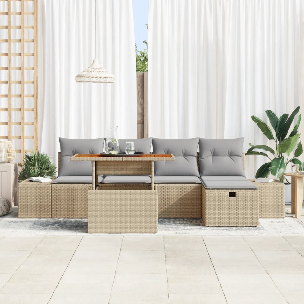 Conjunto de Sofá de Jardim de 6 Peças com Almofadas Bege Rattan Polipr