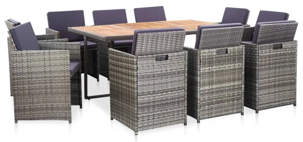 vidaXL Conjunto de 11 pcs de jantar no exterior com almofadões em vime PE cinzento